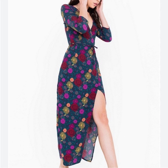 American Apparel Floral Long Sleeve Wrap Maxi Dress Maximalist Jewel Tones - Picture 1 of 7